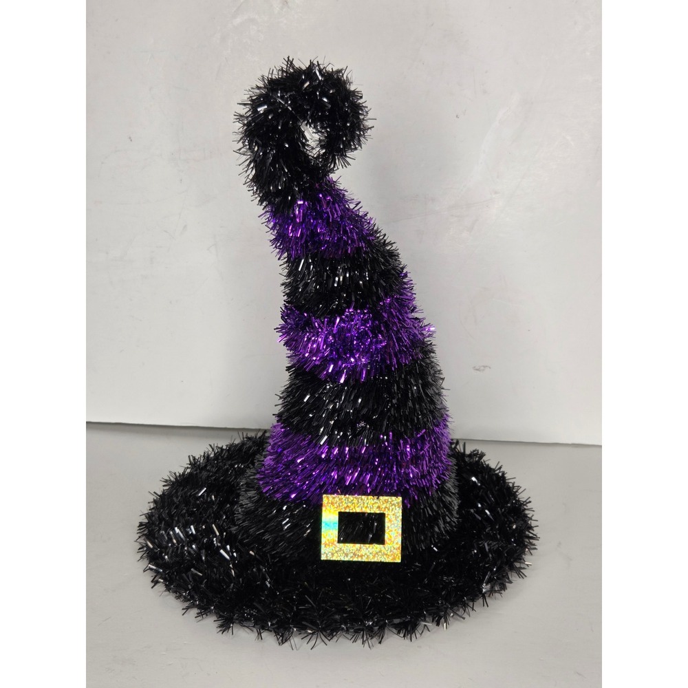 Halloween Tinsel Witch Hat Decoration Black Purple Striped 11in Tabletop Decor